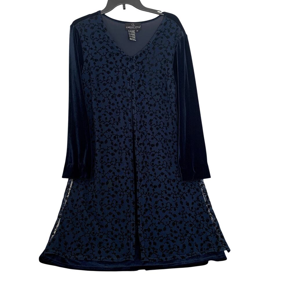 Vintage Carole Little Navy Blue Velvet Long Sleeve Lace Overlay Dress Size 12